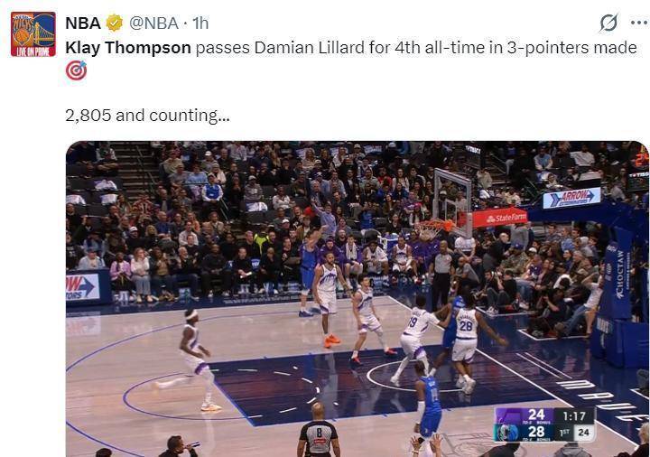 佛光再普照！克莱23分钟飙6三分超利拉德，双手举天看哭老球迷