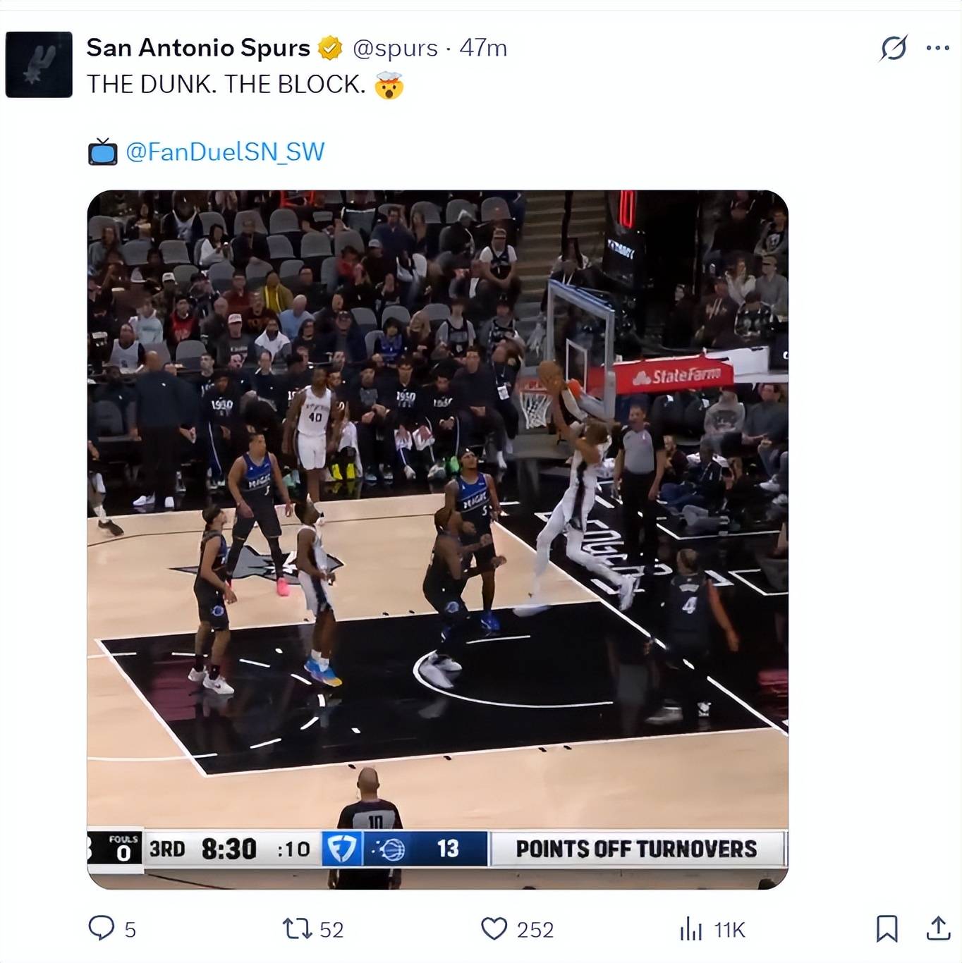 头撞篮板空接+追身火锅！文班亚马25+8+4断5帽统治攻防外星人真猛